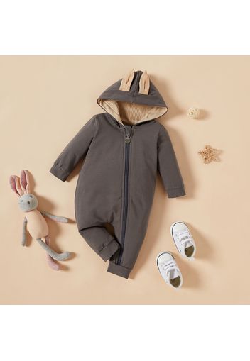 100% Cotton Color Block Hooded 3D Rabbit Ear Design Baby Jumpsuit