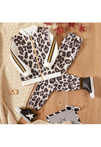 2-piece Kid Girl Leopard Print Ruffled Zipper Bomber Jacket and Pants Set