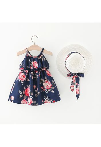 2pcs Baby Girl Yellow Sleeveless Floral Print Ruffle Dress with Hat Set