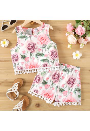 2-piece Kid Girl Floral Print Tasseled Sleeveless Tee and Elasticized Shorts Set