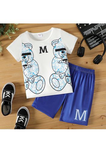 2pcs Kid Boy Animal Bear Print Short-sleeve Tee and Letter Print Shorts Set