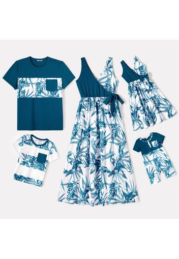 Family Matching Solid Spliced Plant Print Surplice Neck Tank Dresses and Short-sleeve T-shirts Sets