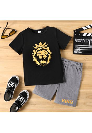 2pcs Kid Boy Animal Lion Print Short-sleeve Black Tee and Letter Print Grey Shorts Set