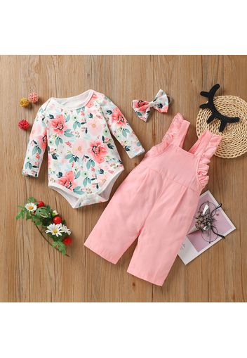 3pcs Baby Girl Pink Floral Print Long-sleeve Romper and 100% Cotton Solid Overalls Set