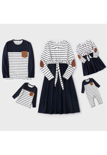 Mosaic Family Matching Contrast Striped Long-sleeve Dresses and T-shirts Sets