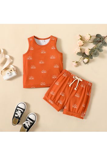 2pcs Toddler Boy Sun Print Tank Top Elasticized Shorts Set