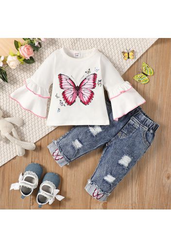 2pcs Baby Girl 95% Cotton Bell-sleeve Butterfly Print Tee and Ripped Jeans Set