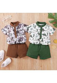 2pcs Baby Boy Allover Animal Print Button Up Short-sleeve Top and Solid Shorts Set