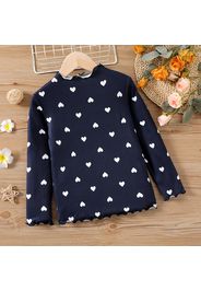 Kid Girl Heart Print Lettuce Trim Mock Neck Long-sleeve Tee