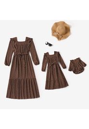 Floral Print Coffee Square Neck Ruffle Long-sleeve Belted Midi Dress for Mom and Me
