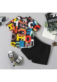 2pcs Baby Boy 100% Cotton Solid Shorts and Allover Letter Print Short-sleeve Shirt Set