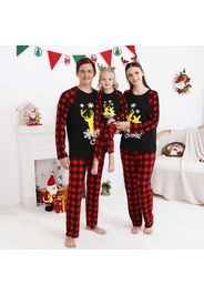 Christmas Reindeer Snowflake and Letter Print Family Matching Red Plaid Raglan Long-sleeve Pajamas Sets (Flame Resistant)