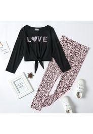 2-piece Kid Girl Letter Heart Print Tie Knot Long-sleeve Top and Leopard Leggings Set