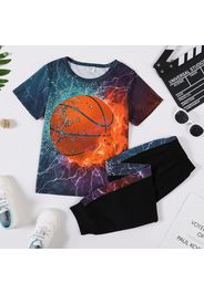 2-piece Kid Boy Basketball Flame Print Tee and Elasticized Pants Set