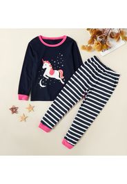 Fashionable Unicorn Moon Stars Print Long-sleeve Tee and Striped Pants Set