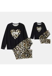 Love Heart Letter Print Black Long-sleeve Sweatshirt with Leopard Pants Sets for Mom and Me