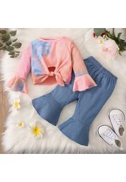 2-piece Baby Girl Tie Dye Tie Knot Long Bell sleeves Ribbed Top and Denim Flared Jeans Set