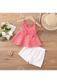 2pcs Toddler Girl 100% Cotton Bowknot Design Plaid Camisole and White Shorts Set