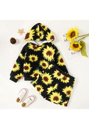 2-piece Toddler Girl Sunflower Print Fuzzy Hoodie and Shorts Set