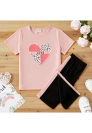 2pcs Kid Girl Heart Letter Print Short-sleeve Tee and Colorblock Shorts Set