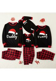 Christmas Hat and Letter Print Black Family Matching Long-sleeve Plaid Pajamas Sets (Flame Resistant)