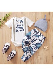 3pcs Baby Boy Letter Print Bow Tie Short-sleeve Romper with Dino Print Trousers and Hat Set