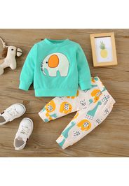 2pcs Baby Cartoon Elephant Pattern Long-sleeve Cotton Pullover and Trousers Set