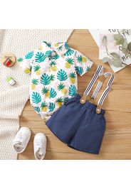 2pcs Baby Boy 100% Cotton Suspender Shorts and All Over Tropical Fruit Print Short-sleeve Romper Set