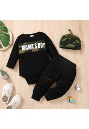 3pcs Baby Boy Letter Print Camouflage Black Long-sleeve Romper and Ripped Trousers with Hat Set