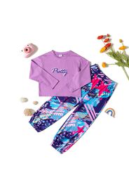 2-piece Kid Girl Letter Print Long-sleeve Tee and Painting Print Colorblock Pants Set