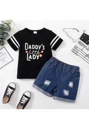 2pcs Toddler Girl Letter Print Striped Short-sleeve Tee and Blue Ripped Denim Shorts Set