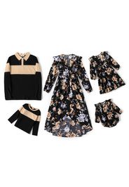 Family Matching All Over Floral Print Black Long-sleeve Ruffle Dresses and Color Block Tops Sets