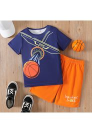 2pcs Kid Boy Sporty Basketball Print  Mesh Jacquard Fabric Short-sleeve Tee and Letter Print Shorts Set