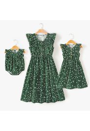 Allover Polka Dots Dark Green Ruffle Trim Tank Dress for Mom and Me