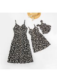 Mosaic Daisy Print Black Cotton Sling Dresses with Button for Mommy and Me