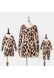 All Over Leopard Apricot Round Neck Long-sleeve Snug-fit Romper Shorts for Mom and Me