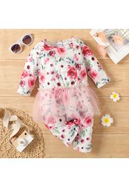 Baby Girl Floral Print Mesh Decor Long-sleeve Jumpsuit