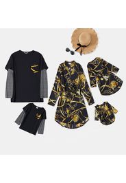 Chain Print Family Matching Sets(Black Belted Shirt Dresses and Striped Long-sleeve Faux-two T-shirts)