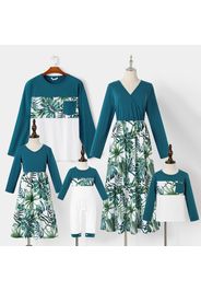 Family Matching Tropical Leaves Print Splicing Long-sleeve Dresses and T-shirts Sets