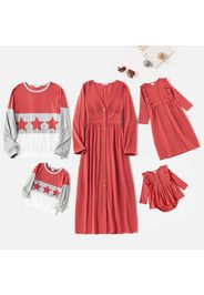 Family Matching Light Red Button Down Long-sleeve Midi Dresses and Colorblock Sweatshirts Sets