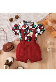 2pcs Baby Girl 100% Cotton Crepe Suspender Shorts and Allover Floral Print Puff-sleeve Shirt Set