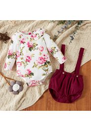 Baby Girl 2pcs Floral Print Long-sleeve Romper and Corduroy Suspender Shorts Set