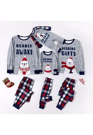 Christmas Polar Bear and Letter Print Grey Family Matching Long-sleeve Plaid Pajamas Sets (Flame Resistant)