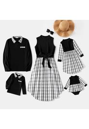 Family Matching Black Spliced Plaid Tweed Mock Neck Dresses and Long-sleeve Polo Shirts Sets