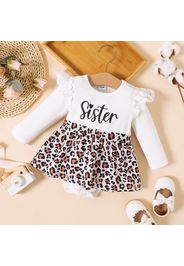 Baby Girl Lace Detail Long-sleeve Letter Print Spliced Leopard Romper