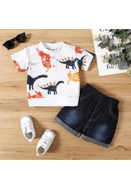 2pcs Baby Boy All Over Dinosaur Print Short-sleeve Top and Denim Shorts Set