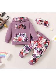 3pcs Letter and Floral Print Hooded Long-sleeve Crimson Baby Set