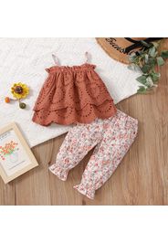 2pcs Baby Girl Hollow Out Sleeveless Spaghetti Strap Layered Top and Floral Print Pants Set