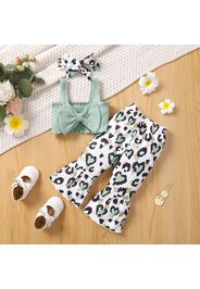 3pcs Baby Girl Shirred Spaghetti Strap Crop Top and Leopard Flared Pants with Headband Set