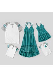 Casual Family Matching Sets（Sling Dresses for Mom and Girl ; Raglan Sleeve T-shirts for Dad and Boy)